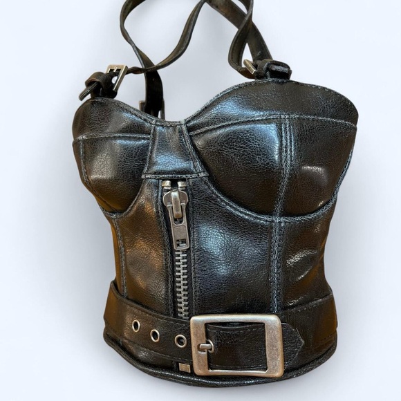 90s Black Leather Corset / Bustier Style Vintage Handbag Purse - Picture 3 of 8